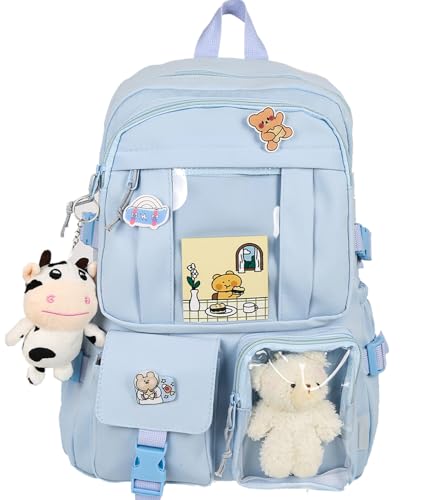 Kawaii Backpack for Girls Cute Aesthetic Backpack Bookbag with Pins Accessories Pendant for School - color: Sky Blue