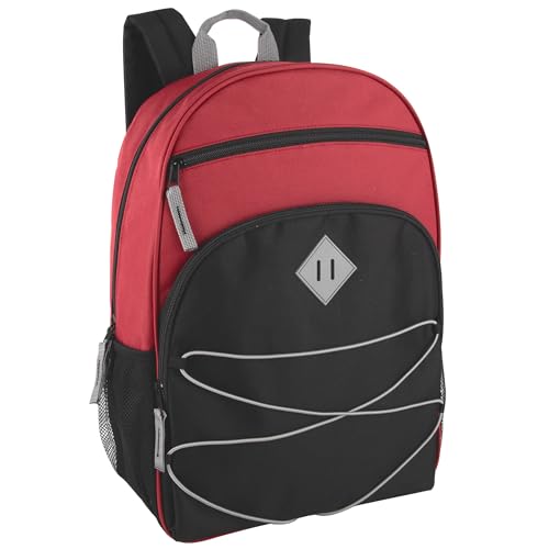 Summit Ridge Backpacks with Bungee Cord Front | 17” Multi Pocket Backpack for Adults, College, Travel (Red/Black) - color: Red/Black