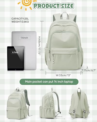 winspansy Backpack for School Teenage Girls Boys,Waterproof Lightweight School Bags Travel Daypack Simple Cute College Backpack Rucksack for Women Men fit 14 Inch Laptop,Light Green - color: A1-light Green