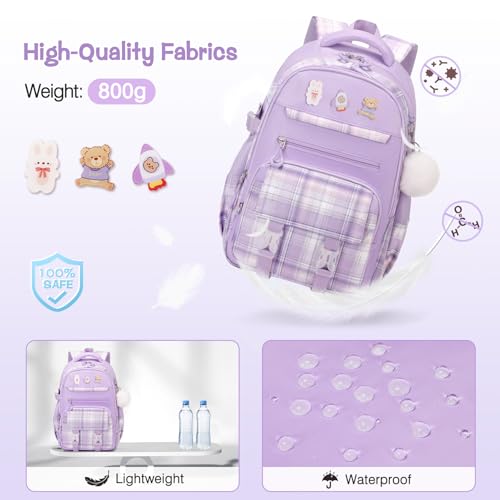 3PCS School Backpack for Girls, Girls Backpack with Lunch Box, Pencil Case, Cute Kawaii Plaid Book Bag for Teen Girl Kindergarten Elementary Preschool Middle High School, Purple - color: Purple
