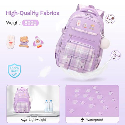 3PCS School Backpack for Girls, Girls Backpack with Lunch Box, Pencil Case, Cute Kawaii Plaid Book Bag for Teen Girl Kindergarten Elementary Preschool Middle High School, Purple - color: Purple