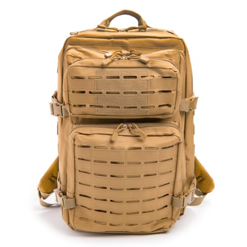 Large Laser-cut MOLLE Backpack with Pistol Retention System, Tan, Modular and Lightweight Design for EDC, Range, or Tactical Use - color: Tan