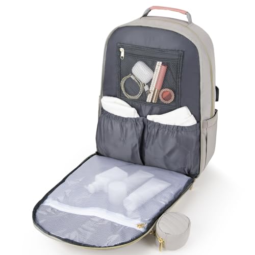 MOMUVO Diaper Bag Backpack, Quilted Baby Bag with Changing Pad and Stroller Straps and Pacifier Case, Multifunction Waterproof Travel Diaper Bags, Unisex, Light Grey and Pink - color: Lgrey Pink