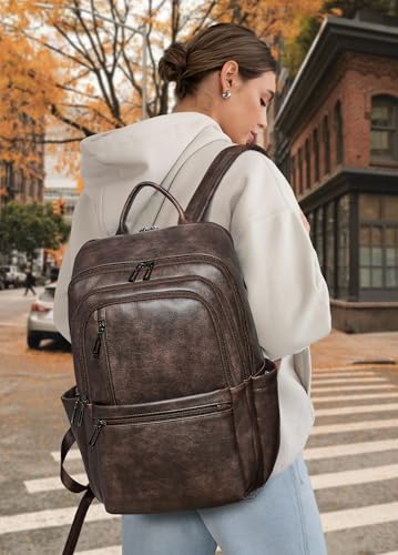 Shrrie Leather 17 inch Laptop Backpack for Women, Large Travel Backpack Purse for Casual Daypack College Work Bag - color: Coffee