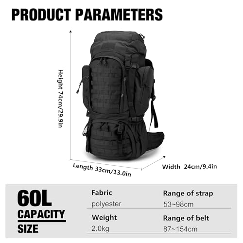 Mardingtop 60L Military Internal Frame Backpack for Hiking,Camping,Hunting,Rucksack Backpack with Rain Cover - color: Black