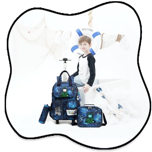 3 in 1 Boys Rolling Backpack with Wheels for Elementary Kindergarten Students Kids Travel Luggage Carry on Backpack for Boys Ages 6-8 - color: B Space
