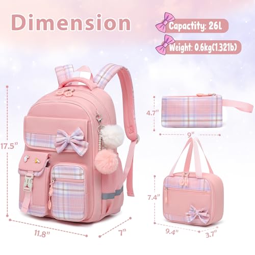 Alrisg Girls School Backpack Preppy Plaid Bookbag Lightweight Backpack for Girls Elementary Middle School Bow Pink Set - color: Pink, size: 17in Set
