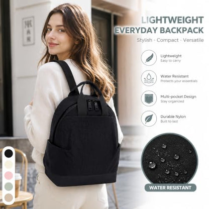 Backpack for Women Fashion Small Bookbag, Water Resistant Lightweight Nylon Daypack for Travel, Hiking & Daily Use - color: Black