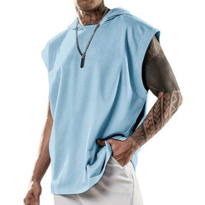 domirica Sleeveless Hooded Mens Shirt Tshirts Loose Fit Fitness Street Outfit Summer Regular Casual Tank Top - color: Blue, size: Large