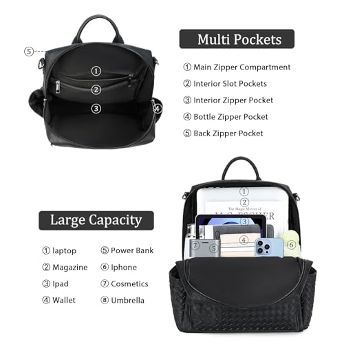 AGLOD Leather Backpack Purse for Women Designer Ladies Shoulder Bag Fashion Faux Work Travel Handbags Woven Black - color: Woven Black