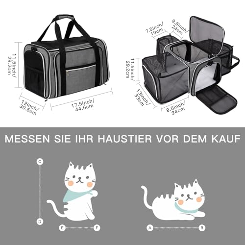 BAGLHER Cat Carrier Bag,Airline Approved Pet Carrier Soft Side Pet Travel 5 Sides Open Doors 3 Sides Expandable Foldable Dog Carrier with Fleece Pad - color: Grey, size: 17.5"L x 12.0"W x 11.5"H