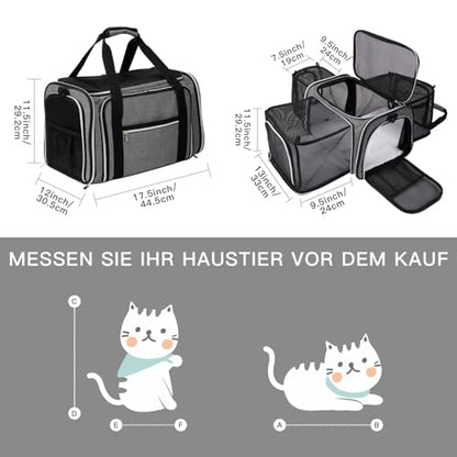 BAGLHER Cat Carrier Bag,Airline Approved Pet Carrier Soft Side Pet Travel 5 Sides Open Doors 3 Sides Expandable Foldable Dog Carrier with Fleece Pad - color: Grey, size: 17.5"L x 12.0"W x 11.5"H