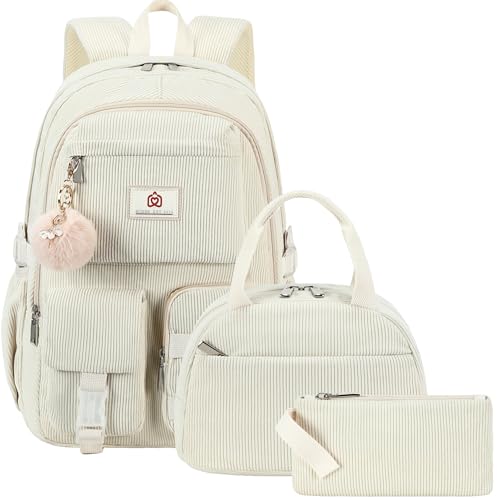 Hidds School Backpack with Lunchbox for Teens Girls Women 15.6 Inch Laptop College Backpacks with Lunch Bag Bookbag Set Corduroy Kids Elementary Middle High Bags Students Back Pack Daypack-Beige Set - color: 13-corduroy Beige Set