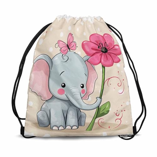 Drawstring Backpack Bag Cute Elephant Butterflies Nose to Flower Lightweight Backpack Soccer Ball Bag Sutiable for Sports Beach Short Travel Stroage 14x16.9 Inch - color: Elephant