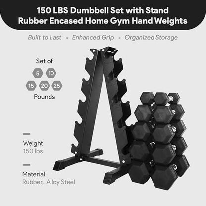 BalanceFrom Rubber Coated Hex Dumbbell Weight Set with Storage Rack, 100LB or 150LB or 200LB Set, 5-20 lbs or 5-25 lbs or 10-30 lbs Pairs - style: 150LB Set with Rack