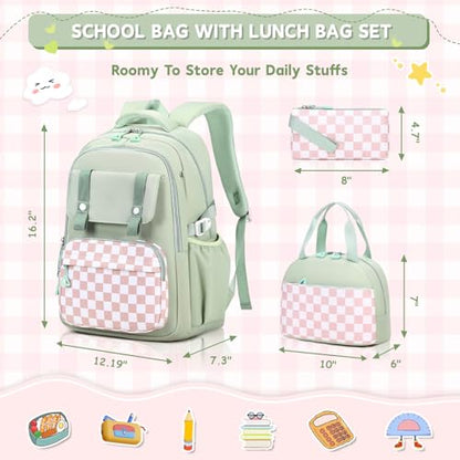 MUSEVOS Girls Backpack with Lunch Bag, Kindergarten Elementary Middle School Backpack, Multiple Compartments Large Capacity Kids Bookbag 3 Pcs Set (Green) - color: Green-3pcs Set
