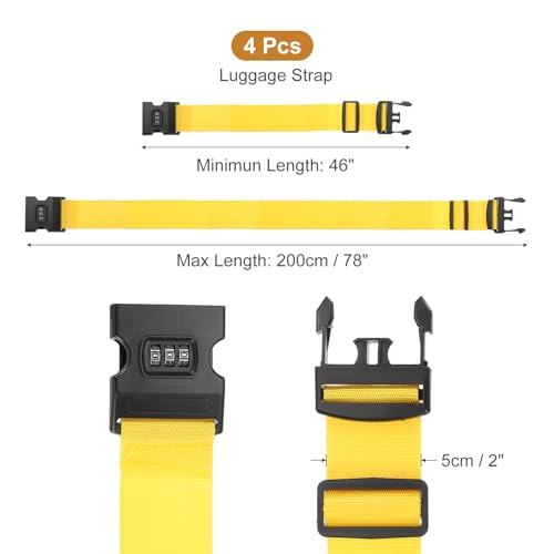 MECCANIXITY Luggage Straps with Combination Lock Adjustable Suitcase Belt Strap for Suitcase Briefcase Backpack Travel, Yellow, Pack of 4 - color: Yellow