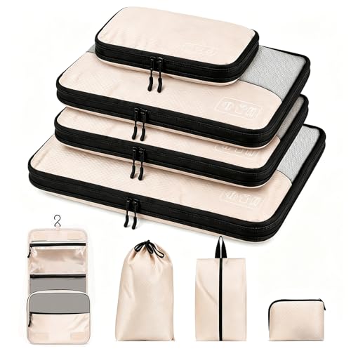 8-Piece Compression Packing Cubes for Travel, Ultralight Aesthetic Luggage Organizer Set, Space Saving Double Zipper Design for Carry-On & Suitcase Organizer, Travel Essentials- Beige - color: Beige-8 Set