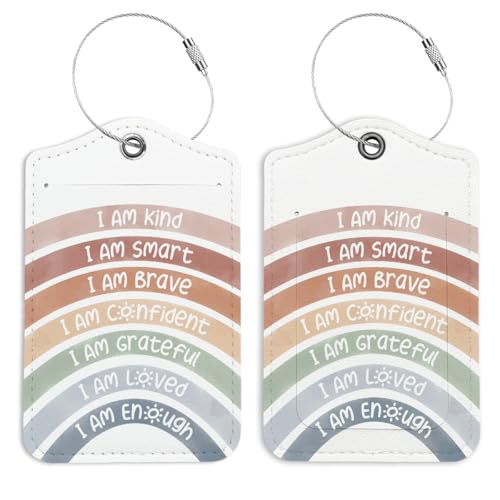 Boho Rainbow Luggage Tags for Suitcases 2 Pack, I Am Kind Smart Brave Inspirational Leather Luggage Tag with Privacy Name ID Label and Stainless Steel Loop for Travel Bag Suitcase - color: I Am Kind Smart