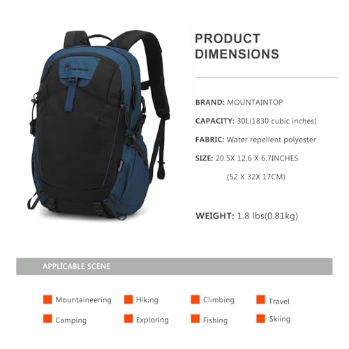 MOUNTAINTOP 30L Hiking Backpack,Men Women Camping Backpack,Lightweight Trekking Travel Backpacks for Climbing Skiing Cycling - color: Black&blue-30l, size: 30L