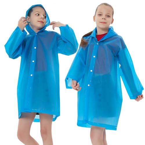 Rain Ponchos Raincoats for Kids, Reusable Boys Girls Rain Jackets Emergency with Hood for Family Disney Travel Outdoor - color: Blue