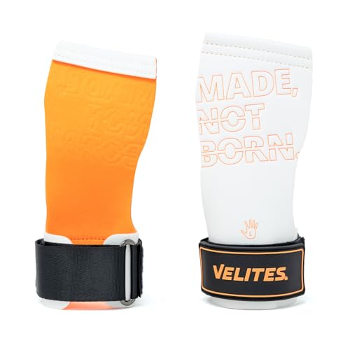 Velites - Official Games Quad Pro Grips - with Chalk - Wristbands Included - Pull-ups, Muscle-ups, and Toes-to-bar - color: Orange, size: X-Large