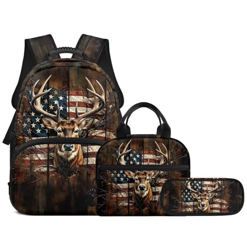 3 in 1 USA Flag Deer School Backpack Set with Lunch Box Pencil Case for Boys Girls 17 Inch 3PCS Bookbag Schoolbag for Middle High Students - color: Usa Flag Deer
