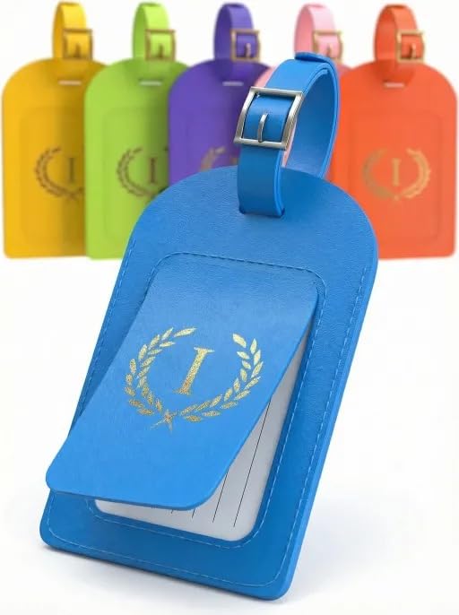 Luggage Tags for Suitcases 6 Pack PU Leather Travel Bag Tags with Privacy Cover & Stainless Steel Buckle, Vegan Leather Name ID Labels for Travel Bags, Cruise, Airline, Backpack, Baggage Identifier(I) - style: I