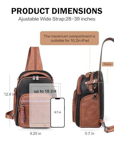 FADEON Large Sling Bag for Women, Designer Leather Crossbody Purse Convertible Sling Backpack, Anti Theft Daypack for Travel - color: Retro Black With Brown