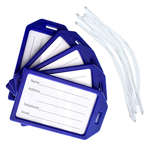 5 Pack of Premium Rigid Airline Luggage Tag Holders with 6" Worm Loops - Heavy Duty Hard Plastic -Suitcase ID Tag Identifiers with Business Card Insert Window by Specialist ID (Navy Blue) - color: Navy Blue, size: 5 Pack