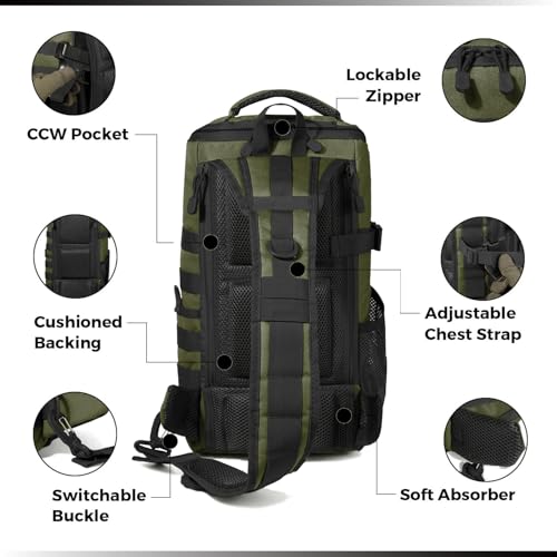 DBTAC Tactical Personal Defense EDC Bags & Packs | 10L Military Shoulder Backpack with Sling for Concealed Carry, Range, Travel, Hiking, Outdoor Sports (Green) - color: Green