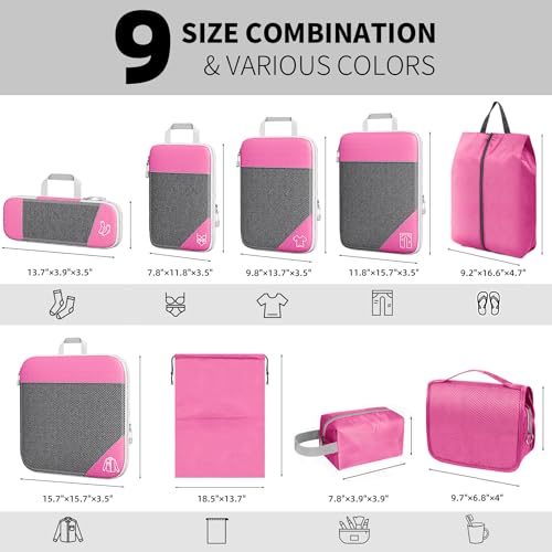 9-Set Packing Cubes with Hanging Bag | 9-Size Combination, Mesh Fabric & Reflective Stripe | Travel Luggage Organizers (Pink) - color: Pink