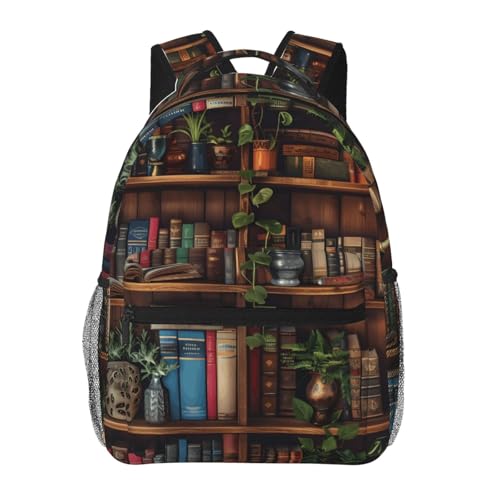 Bookshelf Casual Backpack, Lightweight Laptop Bag Daypack, Book and Botanical Backpacks for Women Teens Students, Vintage Classic Polyester Bookbag Gifts for School Work Travel Hiking - color: Bookshelf