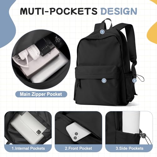 Black School Backpack for Girls Women Waterproof High School Book Bag Cute Backpack for Men Teens Boys, Lightweight Simple Middle School Back Pack Daypack - color: Black