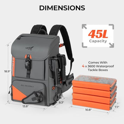 KastKing All Weather Fishing Tackle Backpack with 4 Waterproof Tackle Boxes & Removable Rod Holders,Waterproof ArmorShield Fabric Fishing Bag Storage Fishing Gear - color: A: Grey（With 4 Waterproof Tackle Boxes）