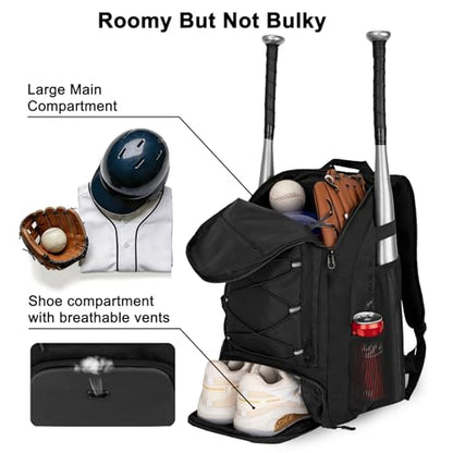 Goloni 40L Baseball Bag, Softball Bat Bag with Shoes Compartment,Fence Hook,Backpack for Baseball, T-Ball & Softball Equipment & Gear - color: Black