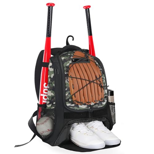 Goloni | Baseball Backpack,Baseball Bag for Adult,Softball Bat Bag with Shoes Compartment,Large Main Compartment for Helmet & accessories, Fence Hook - color: Green camo