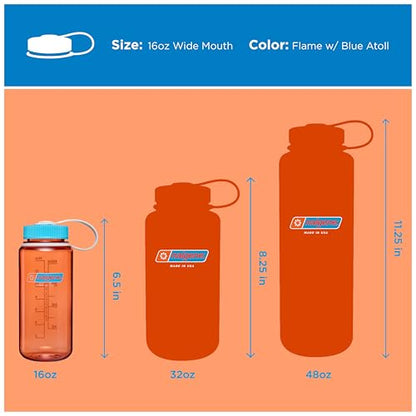 Nalgene 16 oz Wide Mouth Water Bottle | Slim Cup Holder Size, BPA-Free, Durable & Leak Proof Travel Bottle – Thrill & Motion, Flame w/Blue Atoll - color: Flame w/Blue Atoll, size: 16 Ounces