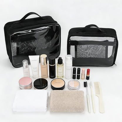 TSA Approved Toiletry Bag, Clear Makeup Bags with Multi Layer Mesh Pockets, Portable Large Capacity PVC Cosmetic Bags with Zipper for Travel Essentials - size: L+M