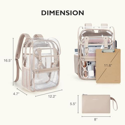 mommore Clear Backpack Heavy Duty Thick PVC Clear Bookbag for School with Pencil Bag Transparent Backpack See-Through Bag - color: Khaki, style: Clear Backpack Set