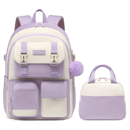 LOVEVOOK Kids Backpack for Girls - School Bags for Middle School Students 6-16 years old,Backpack for School Girl Boy Kid - color: Light Purple-white-lunch Bag, size: 15.6 inch-lunch bag
