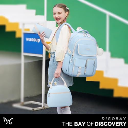 DIGOBAY Backpacks for Girls, 3PCS School Backpack with Lunch Box Pencil Pouch for Teen Girls Kids Elementary Primary Middle High College Travel School bag Bookbag Set （Blue） - color: Blue
