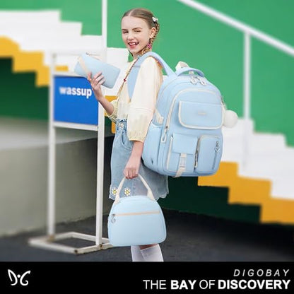 DIGOBAY Backpacks for Girls, 3PCS School Backpack with Lunch Box Pencil Pouch for Teen Girls Kids Elementary Primary Middle High College Travel School bag Bookbag Set （Blue） - color: Blue