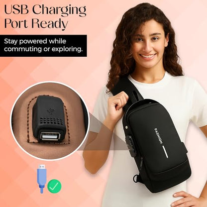 Unisex Anti-Theft Sling Bag with USB Port, Water-Resistant Crossbody Chest Backpack for Travel & Work - color: Black