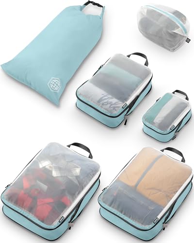 Large Packing Cube Set with See Through Mesh- Compression Packing Cubes Travel Organizers by TRIPPED Travel Gear (Dusty Teal) - color: Dusty Teal