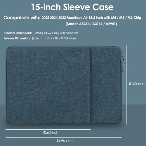 ProElife 15-Inch Laptop Sleeve Case for 2025-2023 MacBook Air 15 inch with M4 M3 M2 Accessory Traveling Carrying Case Water-resistant Bag Cover for MacBook Air 15'' 2025 2024 2023 M4 M3 M2 (Navy Blue) - color: Navy Blue