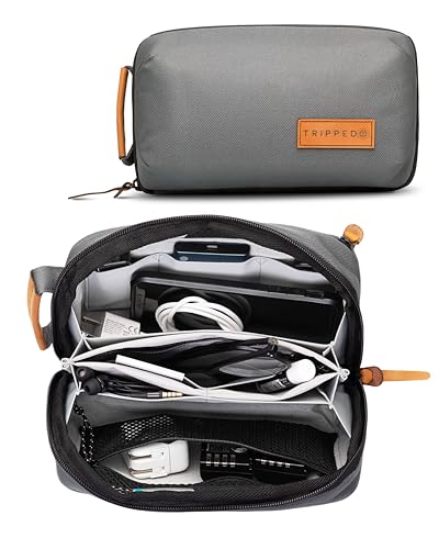 Tech Bag Organizer - Small Electronics Organizer Pouch for Travel - Premium Travel Case with Leather Accents - Mesh Pocket for Cables, Cords and Chargers (Grey) - color: Grey