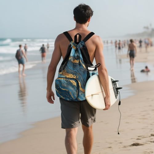 Drawstring Gym Bags Gym Sackpack With Inside Pockets String Back Pack Wet and Dry Separation Blue and Gold Marble Texture - color: Color 24