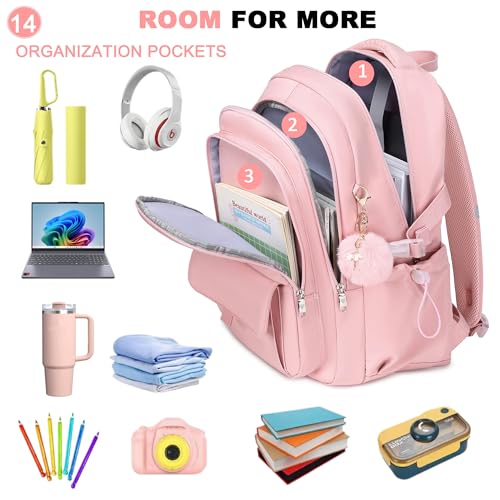 Laptop Backpack 15.6 Inch College Backpacks for Women, School Backpack for Girls,Students Aesthetic Anti Theft Travel Daypack Large Bookbags Middle High School Back Pack(Pink) - color: Pink