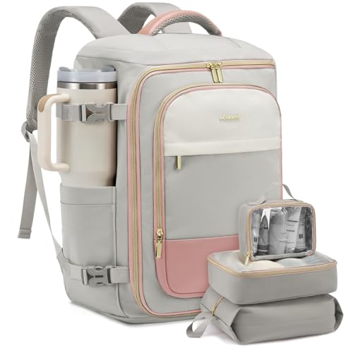 LOVEVOOK Large Travel Backpack for Women, 40L TSA Approved Backpack with 3 Packing Cubes, Personal Item Bag Fits 17" Laptop, Water-resistant Carry On Bag for Airplanes - color: Gray & Pink, size: 40L-4PCS